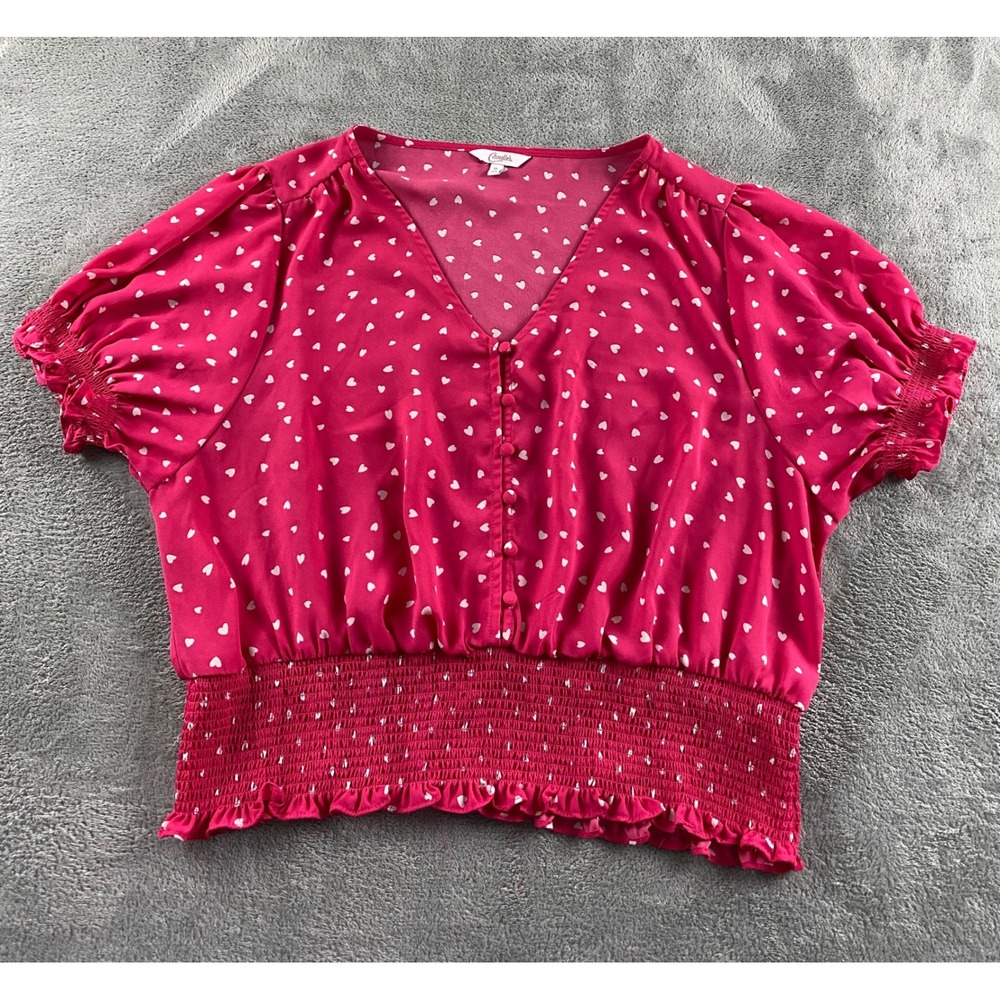 Candies Womens XL Pink White Heart Print Smocked Peplum Button Front Blouse Top
